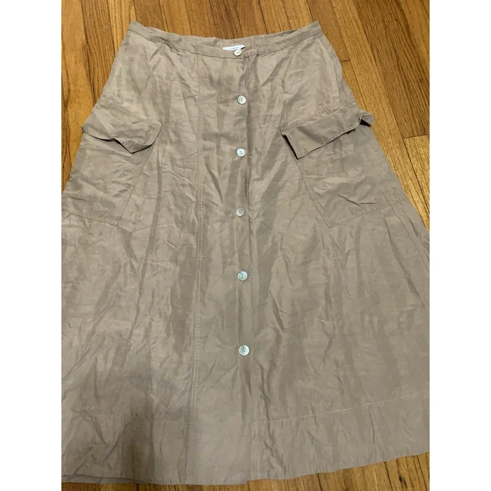 Vince Utility Button Down Linen Khaki Midi Skirt 14 Beach Cargo Boho MSRP $425